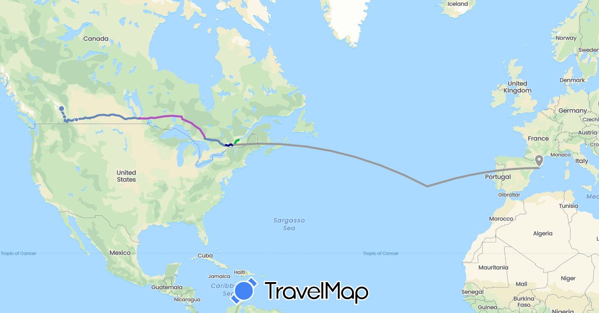 TravelMap itinerary: driving, bus, plane, cycling, train, hiking, subway in Canada, Spain, Portugal (Europe, North America)